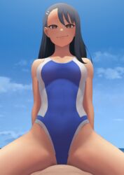 1boy 1girls black_hair blush breasts brown_eyes clothed clothing cute earrings hayase_nagatoro long_hair looking_at_viewer naoto_hachioji_(senpai) navel please_don't_bully_me,_nagatoro putcher revealing_clothes small_breasts smile spread_legs swimsuit tan tanline tanned watermark rating:Explicit score:140 user:suran234