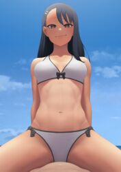 1boy 1girls bikini black_hair breasts brown_eyes clothed clothing earrings eye_contact female female_focus hayase_nagatoro long_hair looking_at_viewer naoto_hachioji_(senpai) navel please_don't_bully_me,_nagatoro pov putcher revealing_clothes sitting sitting_on_person small_breasts smile spread_legs tan tanline tanned thighs watermark rating:Questionable score:167 user:suran234