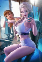 2022 2girls alternate_version_available anna_(frozen) ass bending_over big_ass big_breasts blue_eyes breasts brown_hair disney elsa_(frozen) female female_only frozen_(film) gym gym_uniform holding_phone human human_only light-skinned_female light_skin phone sakimichan selfie sisters skin_contrast tagme tight_clothing white_hair rating:Questionable score:278 user:Z_Series