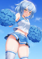 1girls bangs belly blue_hair blue_skirt blue_sky blush breasts cheerleader cheerleader_uniform clavicle clothing copyright_name cowboy_shot erect_nipples erect_nipples_under_clothes eyebrows_visible_through_hair female genderswap_(mtf) hair_ornament hair_ribbon high_ponytail high_resolution legwear m-da_s-tarou miniskirt navel nipples pom_poms ponytail ribbon rimuru_tempest shirt skindentation skirt sky small_breasts solo sweat tank_top tensei_shitara_slime_datta_ken thick_thighs thighhighs thighs tied_hair very_high_resolution white_hair_ornament white_hair_ribbon white_legwear white_ribbon white_shirt white_tank_top white_thighhighs yellow_eyes zettai_ryouiki rating:Questionable score:473 user:UntmedOnahol