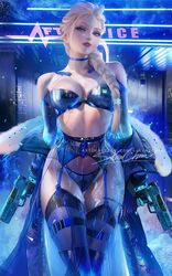 blue_eyes breasts cd_projekt_red crossover cyberpunk:_edgerunners cyberpunk_2077 disney elsa_(frozen) female frozen_(film) gun guns medium_breasts sakimichan rating:Questionable score:175 user:50SoR