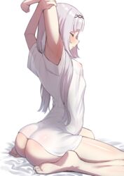 aged_up ajishio_(loli_king) arched_back arms_up ass barefoot bottomless breasts closed_mouth covered_nipples feet female from_side grey_hair highres hololive hololive_gen_2 hololive_japan long_hair murasaki_shion naked_shirt shirt short_sleeves sitting small_breasts solo stretching virtual_youtuber wariza white_background white_shirt rating:Explicit score:333 user:V0ibin