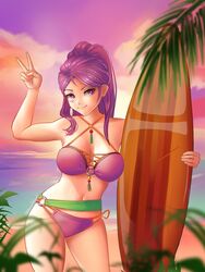  1girls alternate_costume beach bikini breasts female female_only fire_emblem fire_emblem:_three_houses jackary_draws jackarydraws long_hair medium_breasts nintendo non-web_source ocean outdoors petra_macneary ponytail post-timeskip purple_bikini purple_eyes purple_hair purple_swimsuit smile solo source_request sunset surfboard swimsuit v  rating:questionable score: user:kris923