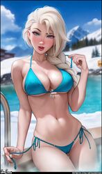 1girls aroma_sensei big_breasts bikini blue_bikini blue_eyes braided_hair breasts disney elsa_(frozen) female female_only frozen_(film) hips long_hair looking_at_viewer side-tie_bikini solo textless white_hair wide_hips rating:Questionable score:326 user:NightSky77