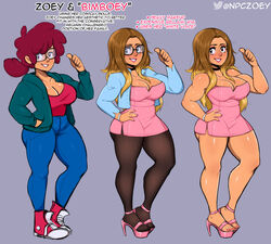 artist_self-insert bimbo bimboey_(npczoey) bimbofication black_eyes blonde_highlights brown_hair character_sheet choker cleavage clothing dress english_text full_body glasses heels hi_res long_hair looking_at_viewer npczoey pantyhose ponytail red_hair red_lipstick smiling smiling_at_viewer thick_thighs thumbs_up zoey_(npczoey) rating:Questionable score:92 user:!nner$elf89