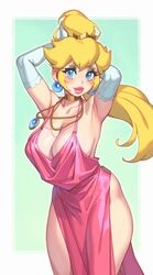 1girls 2d armpits arms_behind_head arms_up blonde_hair blue_eyes breasts cleavage clothing dick_sucking_lips dress female female_only hi_res huge_breasts jewelry large_breasts long_hair long_ponytail mario_(series) mole mole_on_breast naughty_face necklace nintendo no_bra no_panties pink_dress ponytail princess_peach revealing_clothes rizdraws simple_background slim_waist solo standing thick_lips thick_thighs wide_hips rating:Questionable score:728 user:Aeolus_HX