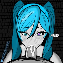  blowjob blue_hair blue_hair_female blush blush_lines cum cum_in_mouth female gwen_(league_of_legends) heterochromia monochrome pubic_hair text trueoverl  rating:explicit score: user:trueoverl