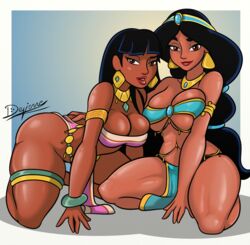 2023 2girls aladdin black_hair brown_eyes brown_skin chel chel_(the_road_to_el_dorado) crossover disney disney's_aladdin dreamworks fanart gold_jewelry looking_at_viewer m'ric partially_clothed princess_jasmine the_road_to_el_dorado rating:Questionable score:55 user:MRic