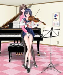 ao_suishou bare_legs blue_eyes blue_hair blush bob_cut bow_(instrument) brown_eyes brown_hair calendar_(object) chair checkered checkered_floor clothing female fingering full_body grand_piano hand_in_panties highres hitachi_magic_wand indoors instrument lips loafers long_hair multiple_girls music_stand okappa original panties pantyhose piano school_uniform serafuku sheet_music shoes short_hair skirt skirt_lift student teacher underwear vibrator violin yuri rating:Questionable score:51 user:bot