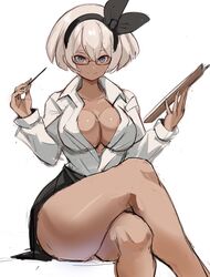 bea_(pokemon) big_breasts black_skirt blue_eyes cleavage hair_ornament pokemon pokemon_ss rakeemspoon saitou_(pokemon) short_hair skirt smile teacher thick_thighs thighs white_hair rating:Questionable score:284 user:BLB18