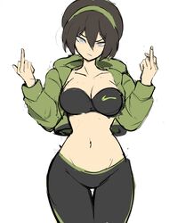 1girls aged_up asian_female avatar_the_last_airbender badass bangs big_breasts blind brown_hair cleavage clothed double_middle_finger female female_only flipping_off flipping_the_bird flipping_viewer_off fully_clothed gym_clothes hair_band hair_bun hair_ornament hourglass_figure jacket leggings middle_finger midriff nike non-nude open_jacket rakeemspoon rude sassy solo sports_bra sportswear standing thick_thighs thigh_gap thin_waist toph_bei_fong upper_body workout_clothes yoga_pants rating:Safe score:316 user:Mr.Vain