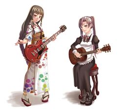 braid brown_hair guitar instrument japanese_clothes kimono long_hair maid purple_hair terumii rating:Explicit score:1 user:bot