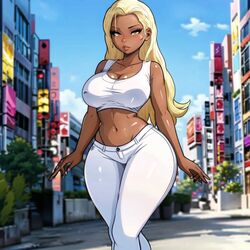 ai_generated big_breasts cixf dark_skin huge_breasts landidzu original original_character thick_thighs tight_clothing white_clothing white_pants rating:Explicit score:90 user:cixf