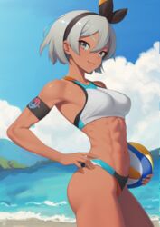 1girls abs ass athletic_female ball bea_(pokemon) beach beachball black_hairband blue_sky breasts closed_mouth cloud dark-skinned_female dark_skin day grey_eyes grey_hair hairband holding holding_ball holding_beachball looking_at_viewer medium_breasts muscular muscular_female nintendo ocean outdoors pokemon pokemon_ss putcher short_hair sky smile solo sport_panties sports_bra standing tan thighs rating:Questionable score:122 user:BLB18