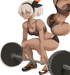 1girls ass bea_(pokemon) brown_skin clothed crouching dark-skinned_female deadlift hairband nintendo pokemon_ss rakeemspoon solo sports_bra squatting weightlifting white_background workout_clothes rating:Explicit score:161 user:TwistyTurnip