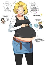 1girls android_18 belly big_belly big_breasts blonde_hair blue_eyes breasts cleavage dialogue dragon_ball dragon_ball_z earrings female female_focus krillin kuririn lewdlemage outie_navel pregnant text wardrobe_malfunction rating:Questionable score:94 user:busterancher