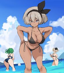 3girls alternate_version_available bea_(pokemon) bikini breasts brown_skin crossover dark-skinned_female dark_skin female female_focus game_freak green_hair grey_hair huge_breasts light-skinned_female light_skin multiple_girls nintendo one-punch_man original original_character outdoors pokemon pokemon_ss pool rakeemspoon short_hair susan_(rakeemspoon) swimsuit tatsumaki white_hair rating:Questionable score:242 user:Aeolus_HX