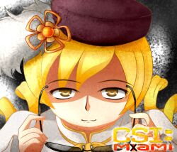  beret blonde_hair character_name commentary_request copyright_name csi_miami drill_hair female hair_ornament hat mahou_shoujo_madoka_magica mahou_shoujo_madoka_magica_(anime) parody pun saihamaru solo sunglasses title_parody tomoe_mami tomoe_mami_(magical_girl) twin_drills twintails yellow_eyes 