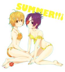  2girls akua barefoot bikini blonde_hair chrome_dokuro commentary_request flower hibiscus katekyo_hitman_reborn! multiple_girls photoshop_(medium) purple_eyes purple_hair sasagawa_kyouko short_hair swimsuit 