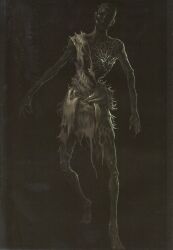  asymmetrical_clothes barefoot black_background dark_souls_(series) dark_souls_i head_tilt highres hollow_(dark_souls) hollow_eyes no_humans official_art open_mouth scan simple_background torn_clothes tunic undead walking zombie 