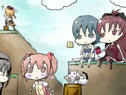  5girls ?_block akemi_homura akemi_homura_(magical_girl) bad_source cape crossover food kaname_madoka kaname_madoka_(magical_girl) koohee kyuubee mahou_shoujo_madoka_magica mahou_shoujo_madoka_magica_(anime) mario_(series) miki_sayaka miki_sayaka_(magical_girl) multiple_girls pocky sakura_kyoko sakura_kyoko_(magical_girl) super_mario_bros._1 tomoe_mami tomoe_mami_(magical_girl) white_cape 