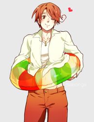  1boy ahoge axis_powers_hetalia bad_id bad_pixiv_id blush brown_eyes brown_hair clothes_lift eyebrows guttary heart holding innertube jacket jewelry male_focus midriff navel necklace one_eye_closed outline pants principality_of_seborga_(hetalia) shirt_lift simple_background smile solo swept_bangs swim_ring text_focus 