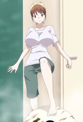  bandana barefoot breasts brown_hair hazel_eyes hibino_shiba kamisama_dolls large_breasts shiba_hibino shirt shorts smile 