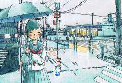  bag blue_theme blush building commentary_request convenience_store crosswalk ebizou female lamppost lawson original outdoors power_lines rain reflection road scenery school_uniform serafuku shop solo street traffic_barrier umbrella vanishing_point 