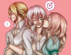  2boys blonde_hair blue_eyes cain_highwind cecil_harvey closed_eyes crossed_arms dress dress_shirt female female final_fantasy final_fantasy_iv green_eyes kiss_mark kissing lipstick lipstick_kiss long_hair makeup male multiple_boys one_eye_closed ponytail rosa_farrell shirt short_hair silver_hair white_shirt wink yattuke 