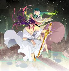  2boys bad_id bad_pixiv_id black_eyes dalc_rose earrings freckles highres ja&#039;far_(magi) jewelry keffiyeh knife long_hair magi_the_labyrinth_of_magic male_focus multiple_boys one_eye_closed purple_hair sinbad_(magi) string string_of_fate sword weapon white_hair yellow_eyes 