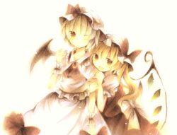  2girls bad_id bad_pixiv_id bat_wings colored_pencil flandre_scarlet hat multiple_girls namakuby pencil remilia_scarlet siblings sisters touhou wings 