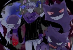  1boy bad_id bad_pixiv_id evolutionary_line fangs gastly gengar grin haunter headband krt736 morty_(pokemon) pokemon pokemon_(creature) pokemon_hgss purple_scarf red_eyes scarf smile 