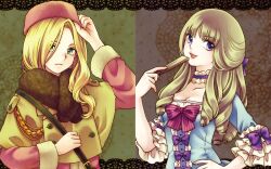  2girls adjusting_clothes adjusting_headwear aristocratic_clothes bags_under_eyes blonde_hair blue_eyes bow breasts buckle buttons choker cleavage coat collarbone commentary_request drill_hair folding_fan france frilled_sleeves frills fur_coat fur_hat fuuka_(fukasheu) green_eyes hair_over_one_eye hairbow hand_fan hand_on_headwear hand_on_own_hip hat long_hair long_sleeves medium_breasts multiple_girls oerba_yun_fang open_mouth original personification pink_bow purple_bow ribbon russia russian_clothes scarf smile strap striped striped_bow 