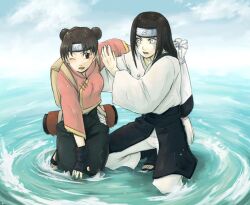  :d black_hair blue_sky brown_eyes brown_hair cloud cloudy_sky double_bun female fingerless_gloves forehead_protector full_body gloves hyuuga_neji long_hair naruto open_mouth outdoors sky smile tenten teramoto teramoto_kei water water_stand wince 