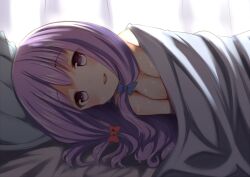  after_sex afterglow backlighting bad_id bad_pixiv_id bed bed_sheet bow breasts cleavage female hairbow long_hair looking_at_viewer lying medium_breasts naked_sheet nude on_back on_bed patchouli_knowledge pokachu pov_across_bed purple_eyes purple_hair smile solo sweat touhou under_covers 