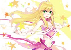  ahoge blonde_hair blush bow choker commentary_request cute_&amp;_girly_(idolmaster) female gloves green_eyes hao_(patinnko) hoshii_miki idolmaster idolmaster_(classic) long_hair looking_at_viewer navel open_mouth photoshop_(medium) pink_bow smile solo star_(symbol) 