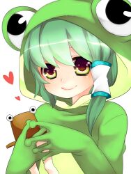  animal_costume animal_hood bad_id bad_nicoseiga_id blush closed_mouth female frog_costume frog_girl frog_hood green_eyes green_hair hair_tubes heart hood hood_up kochiya_sanae pyonta simple_background smile solo touhou upper_body yutazou 