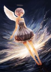  angel angel_wings bare_shoulders barefoot bryanth cloud commentary_request dress dutch_angle female halo highres ocean original partial_commentary photoshop_(medium) pink_hair red_eyes short_hair single_wing sky solo sun traditional_halo wings 