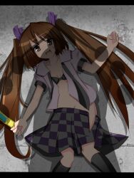  2girls bad_id bad_pixiv_id bra brown_eyes brown_hair cellphone checkered_clothes checkered_skirt clothes_pull ebiebiebio hair_ribbon himekaidou_hatate imminent_rape letterboxed lingerie long_hair looking_at_viewer lying miniskirt multiple_girls navel no_bra on_back open_clothes open_mouth open_shirt phone purple_skirt ribbon shadow shameimaru_aya shirt skirt skirt_pull solo_focus sword touhou twintails underwear very_long_hair weapon you_gonna_get_raped yuri 