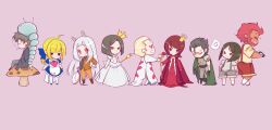  4girls 5boys ahoge alice_in_wonderland anger_vein animal_ears artoria_pendragon_(fate) black_hair blonde_hair caterpillar chibi cigarette clock commentary_request crown diarmuid_ua_duibhne_(lancer)_(fate) dress emiya_kiritsugu fate/zero fate_(series) heart heart-shaped_eyes highres hisau_maiya irisviel_von_einzbern kayneth_el-melloi_archibald long_hair mowmow26 multiple_boys multiple_girls mushroom parody queen rabbit_ears red_hair saber_(fate) simple_background sola-ui_nuada-re_sophia-ri suspenders waver_velvet white_hair 