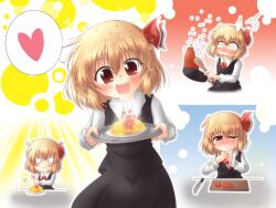  :3 :d black_skirt blonde_hair blush blush_stickers carrot commentary_request cooking cutting_board female finger_sucking flag flipping_food food food_on_face food_on_head fried_rice frying_pan fujiwara_rion hair_ribbon heart kitchen_knife knife medium_skirt multiple_views o_o object_on_head oerba_yun_fang one_eye_closed open_mouth photoshop_(medium) plate ribbon rumia sauce shirt short_hair skirt skirt_set smile spoon surprised sweatdrop tears touhou v-shaped_eyebrows vest wavy_mouth 