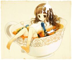  brown_eyes brown_hair commentary_request cream cup dress female hairband higanbana_no_saku_yoru_ni in_container in_cup kusunoki_midori long_hair mini_person minigirl partially_submerged sakurazawa_izumi solo sugar_cube teacup thighhighs water wet wet_clothes 