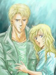  1980s_(style) 1boy animification bad_id bad_pixiv_id blonde_hair blue_eyes buttons coat female hug kyle_reese long_hair manly retro_artstyle sarah_connor serious sleeves_rolled_up terminator_(series) the_terminator traditional_media trench_coat worried yukki_(rffcq251) 