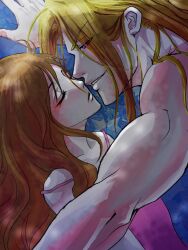  1boy balrog blonde_hair brown_hair capcom chun-li female hair_down highres hug long_hair mahiro_(chinenkun) street_fighter vega 