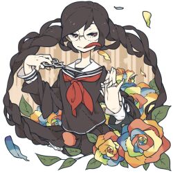  black_hair braid commentary_request danganronpa:_trigger_happy_havoc danganronpa_(series) female flower fukawa_toko genocider_shou glasses holding_hands interlocked_fingers long_hair meme_(aoume) multicolored_flower multicolored_rose out_of_frame petals red_eyes rose school_uniform scissors serafuku solo_focus togami_byakuya tongue transparent_background twin_braids very_long_hair 