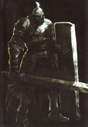  1boy armor berenike_knight dark_souls_(series) dark_souls_i helmet highres holding holding_shield holding_sword holding_weapon male_focus official_art scan shield solo sword weapon 