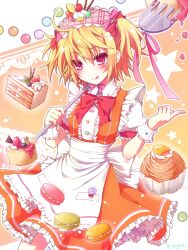  :q ahoge apron artist_name blonde_hair blueberry blush bow bowtie cake candy center_frills cherry chin_strap commentary_request cowboy_shot cupcake dress female food food-themed_hair_ornament food_on_face fork frilled_apron frilled_shirt_collar frills fruit hair_between_eyes hair_ornament hairband highres holding holding_staff index_finger_raised kikugetsu licking_lips lolita_hairband lollipop looking_at_viewer macaron maid orange_background orange_dress original outline plaid_hairband puffy_short_sleeves puffy_sleeves red_bow red_bowtie red_eyes ribbon short_hair short_sleeves solo staff star_(symbol) starry_background strawberry strawberry_shortcake sweets swirl_lollipop tongue tongue_out twintails two_side_up wrist_cuffs 