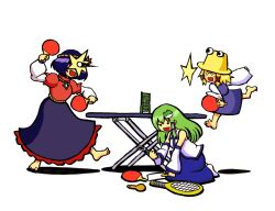  ._. 3girls :d barefoot commentary_request dual_wielding holding in_the_face jumping kochiya_sanae long_skirt moriya_suwako multiple_girls open_mouth paddle playing_sports racket simple_background skirt smile table_tennis table_tennis_paddle tennis_racket terrajin touhou white_background yasaka_kanako you&#039;re_doing_it_wrong 