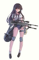  bag battle_rifle between_breasts bipod breasts brown_hair bullpup commentary_request fangdan_runiu female full_body gun headset highres knee_pads loafers long_hair m14 one-piece_swimsuit original red_eyes rifle school_swimsuit shoes shoulder_bag simple_background smile socks solo srss_bulldog strap_between_breasts swimsuit swimsuit_under_clothes thigh_strap weapon white_background 