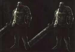  1boy armor broken broken_sword broken_weapon dark_souls_(series) dark_souls_i highres iron_tarkus monochrome official_art scan scan_artifacts sword weapon 